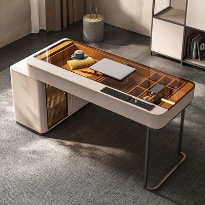 Everly Quinn Dibora Glass Excutive Desk w / Built in Outlets Glass / Metal in Gray / Brown, Size 29.5 H x 47.2 W x 23.6 D in | Wayfair