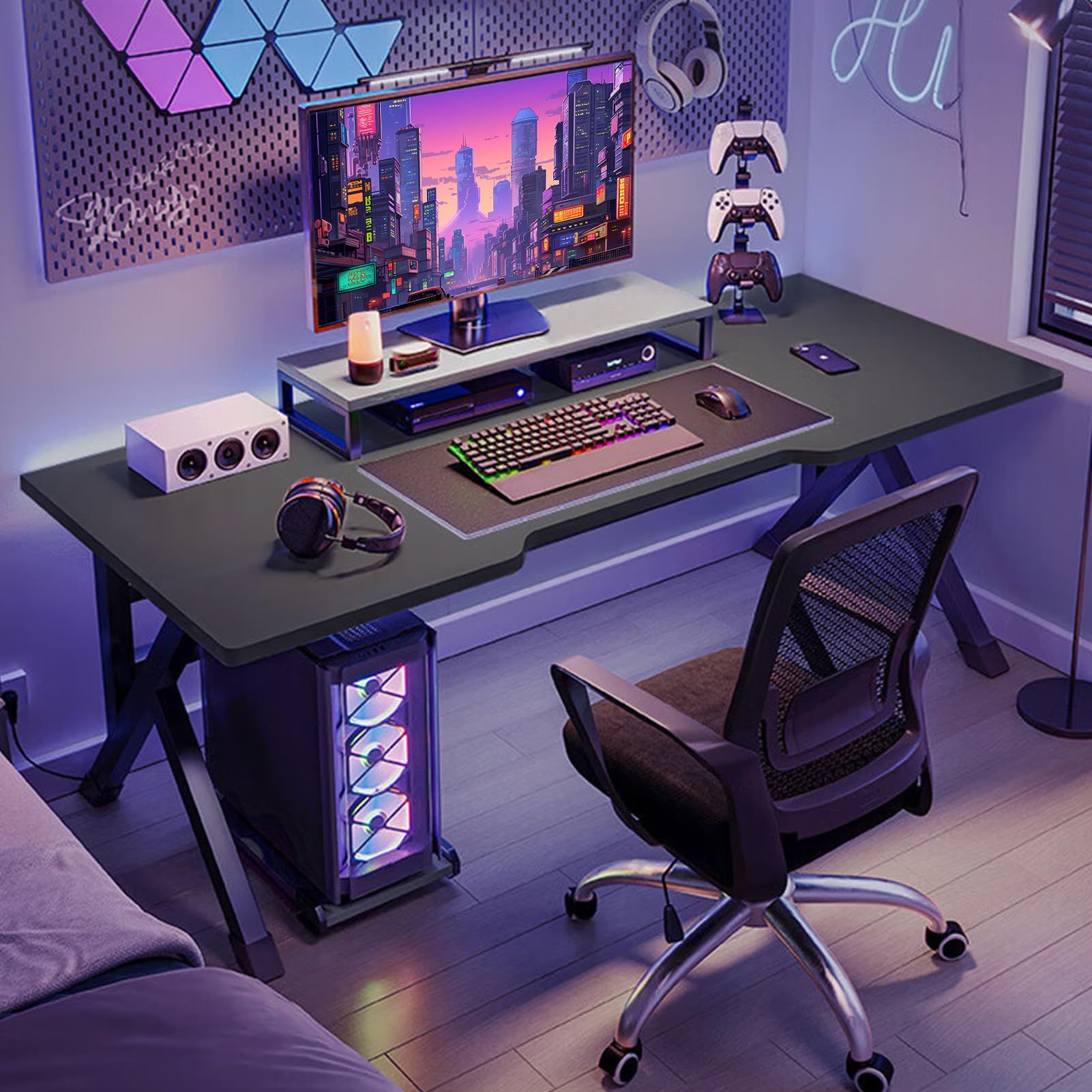 SamFansar 40 Inch Gaming Desk with 2 Cable Holes, K-Shaped Adjustable feet Ergonomic Gamer Computer Desk with Sturdy 15mm Steel Frame and Plate Desktop Birthday Gift for Adolescents Adults Gamers
