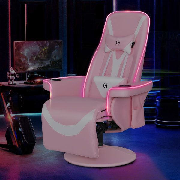 Inbox Zero Queen Throne Racing Gaming Chair With Footrest And Adjustable Backrest Ergonomic Recliner High Back Swivel Chair With Rgb Led Lights, Massage Lumbar Support, Headrest And Cupholders, Pink White & Reviews | Wayfair