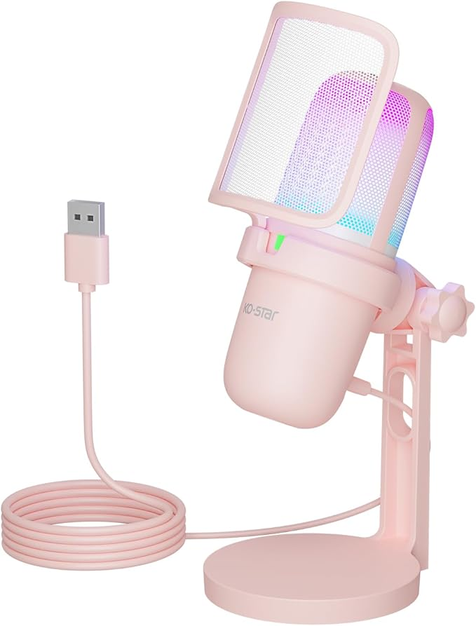 Ko-Star USB Microphone Gaming for PC Pink，Mini Computer Gaming Mic for PS4/ PS5/ Mac,Streaming Microphone for PC Gaming,Condenser Mic with RGB Streaming,PopFilter,Shock Mount for Recording,Podcasting
