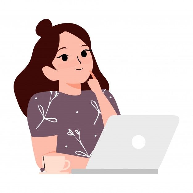 Premium Vector | Idea concept. Smiling young woman sitting with tea and use a laptop and thinking cartoon illustration