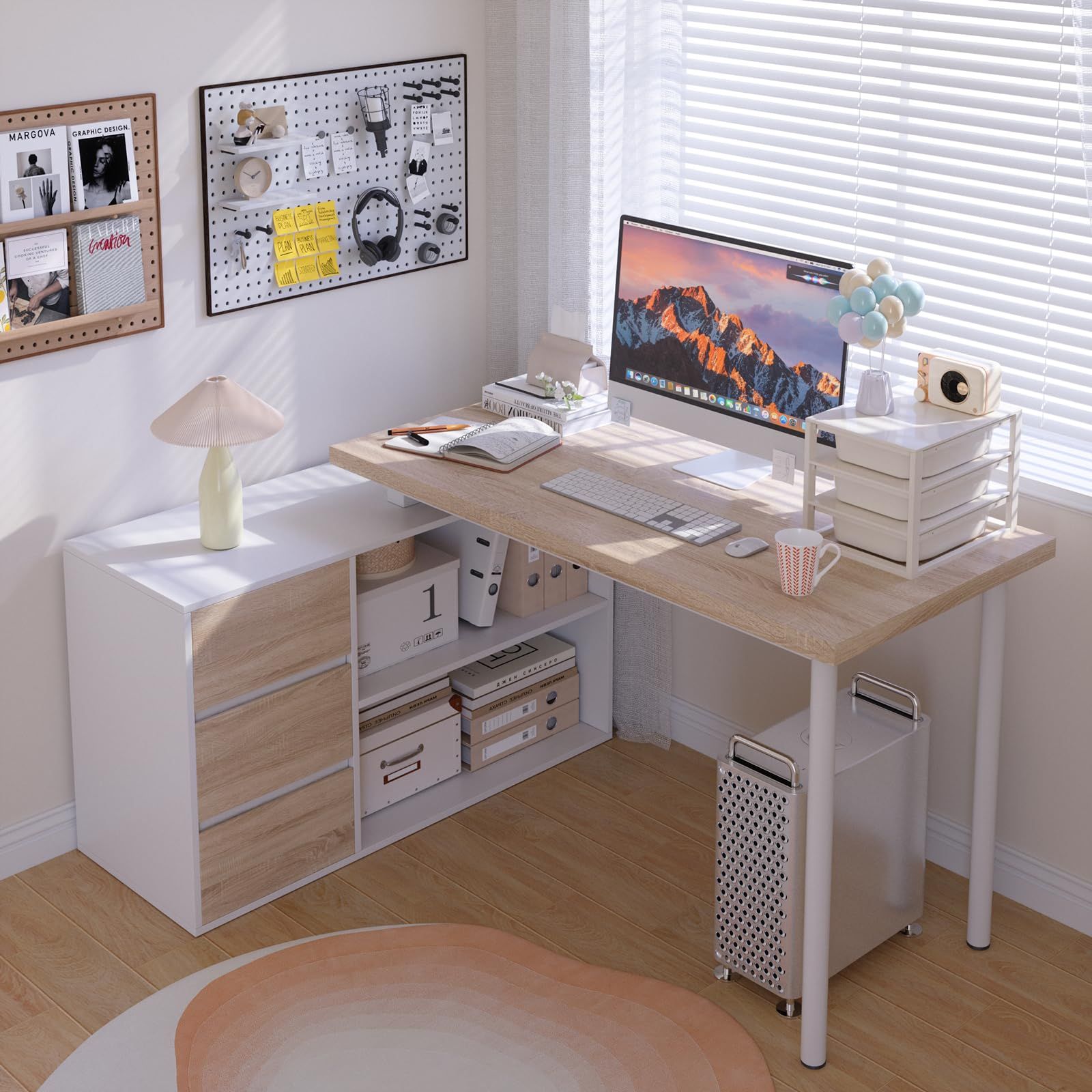 Jiaoun Home Office Computer Desk Corner Desk with 3 Drawers and 2 Shelves, 55-inch L-Shaped Study Writing Desk, Small White + Walnut Desk with Storage